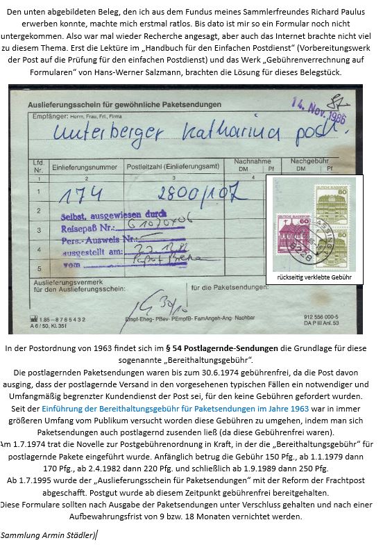 Auslieferungsschein für gewöhnliche Paketsendungen